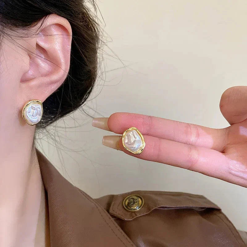 Geometric Metal Pearl Earrings