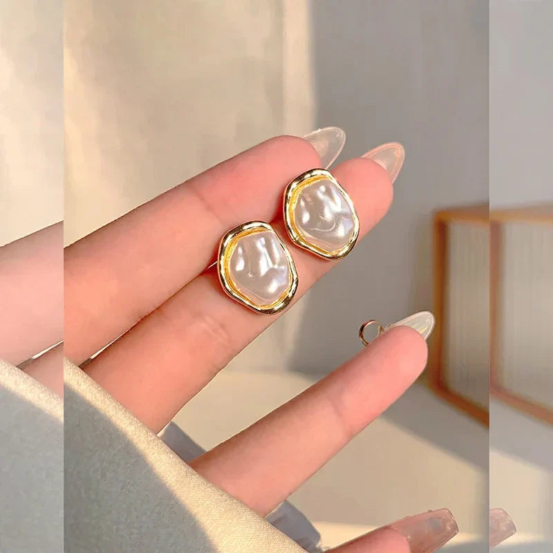 Geometric Metal Pearl Earrings
